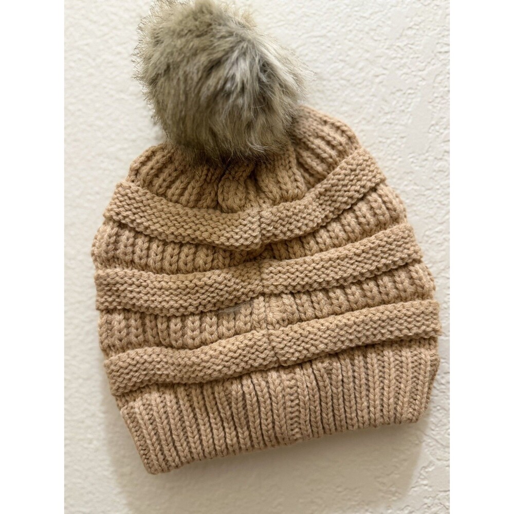 C.C Thick Cable Knit Faux Fuzzy Fur Pom Fleece Lined Skull Cap Cuff CC Beanie